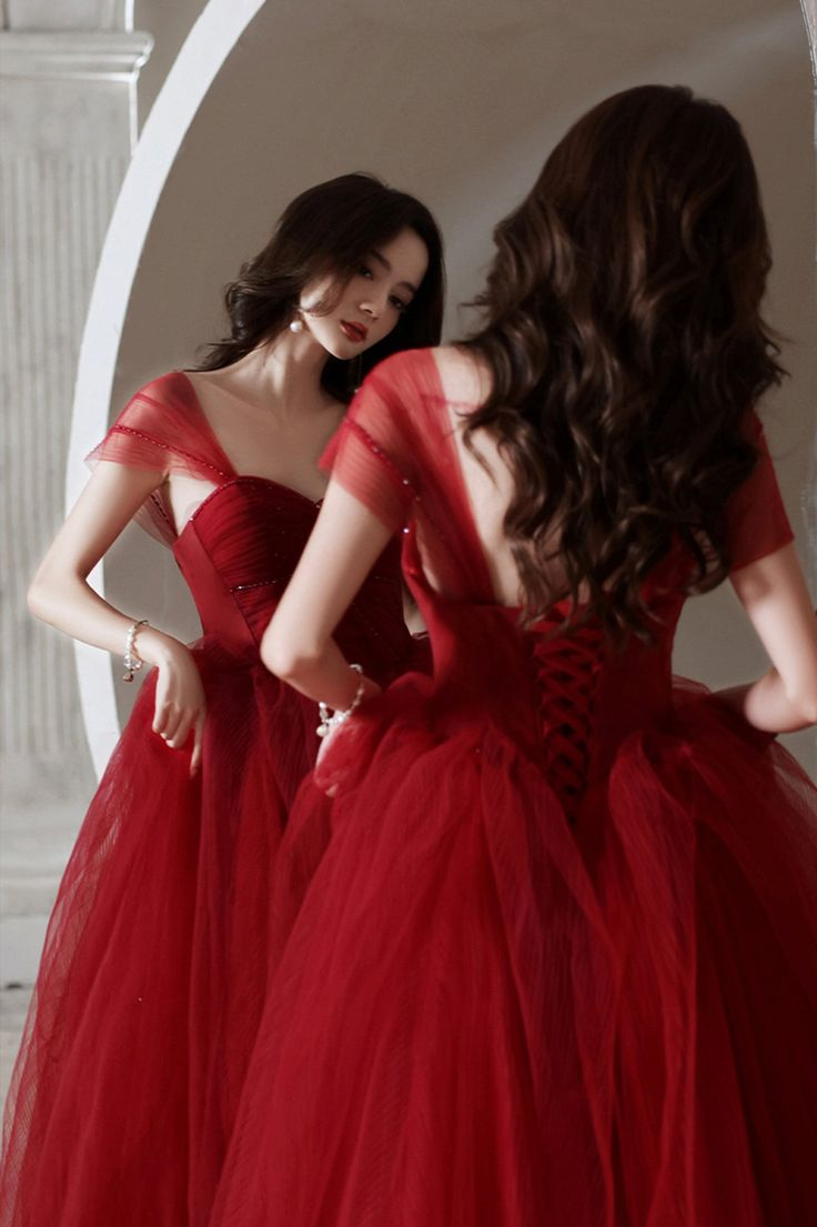 Red Tulle Long A-Line Prom Dress, Off the Shoulder Evening Graduation Dress cc1204