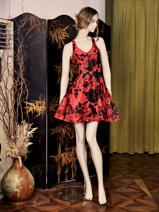 Vintage V Neck Red Satin Print Floral A Line Birthday Party Dress Bow Backless Formal Homecoming Dress cc3329