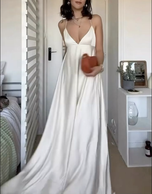 Simple Straps V Neck A Line Party Dress White Satin Prom Dress cc2059