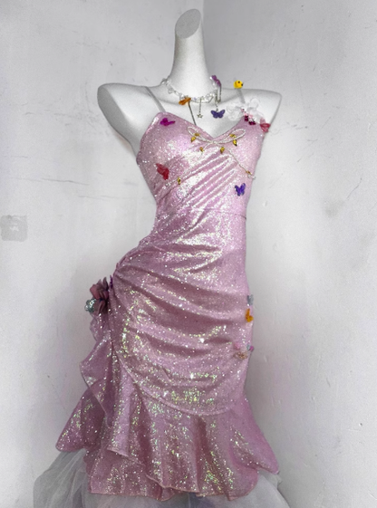 Cute Pink Satin Butterfly Ruffles Short Birthday Dress Graduation Homecoming Dress cc3212