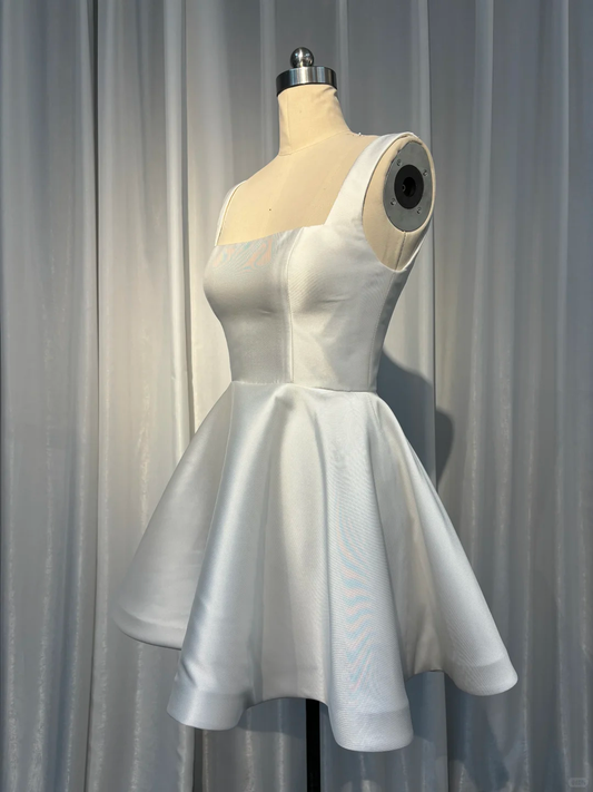 Simple Square Neck White Satin A Line Short Cocktail Dress Homecoming Dress cc3369