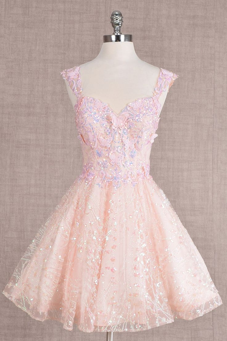 Pretty Pink Tulle Lace Butterfly Applique A Line Short Birthday Outfits Formal Homecoming Dress cc3461