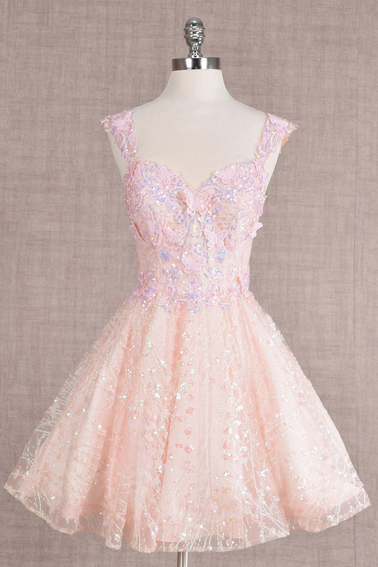 Pretty Pink Tulle Lace Butterfly Applique A Line Short Birthday Outfits Formal Homecoming Dress cc3461