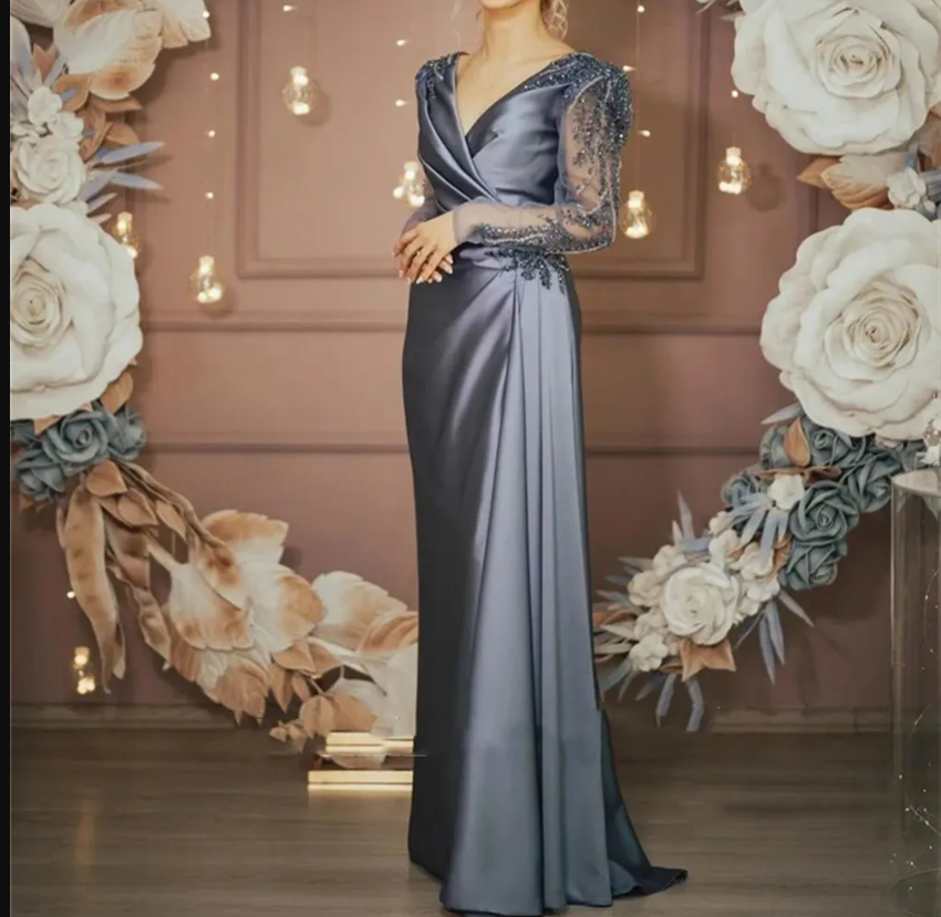 Evening Formal Dresses Long Sleeves V Neck Beaded Elegant Women Wear Prom Dresses cc688