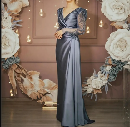 Evening Formal Dresses Long Sleeves V Neck Beaded Elegant Women Wear Prom Dresses cc688