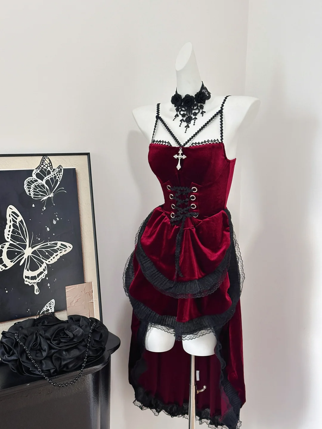 Elegant Burgundy Spaghetti Straps Velvet Lace 7th Grade Homecoming Dress Birthday Outfits cc3224