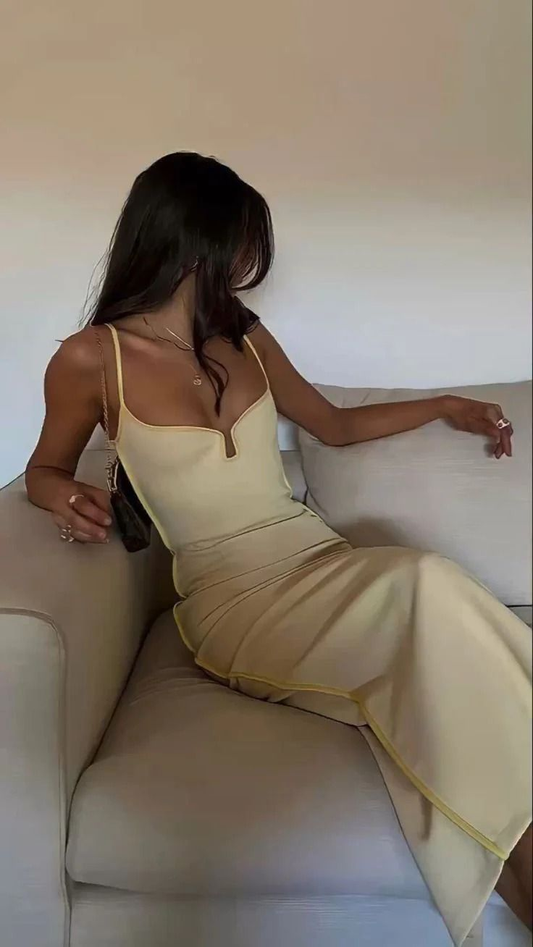 Sexy Yellow Rear Slit Satin Prom Dress Birthday Party Dress cc1812