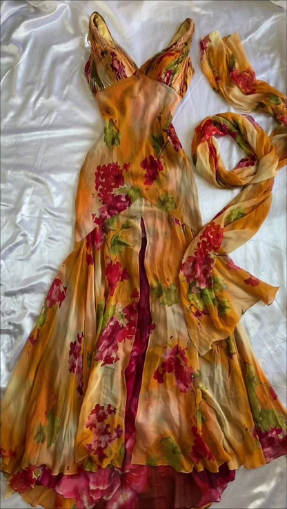 Pretty Chiffon Print Floral Evening Dress Formal Mermaid Party Prom Dress cc2101
