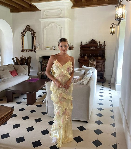 Pretty Yellow Print Chiffon Ruffles Party Evening Dress Long Prom Dress cc1810