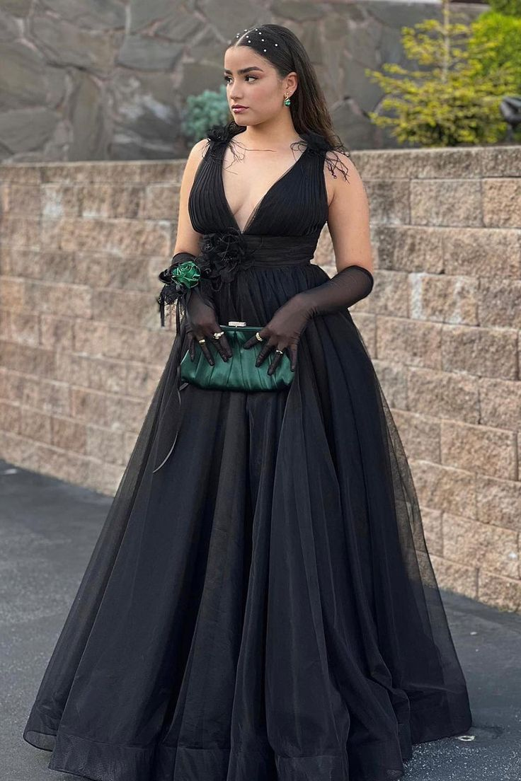 Backless Black Plunging V-Neck Tulle Long Prom Dress cc891