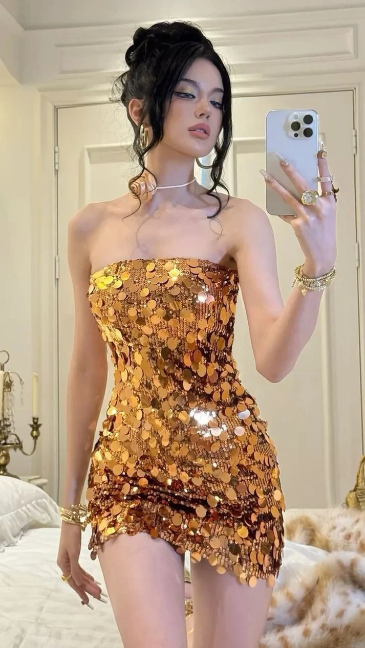 Beaautiful Gold Sequin Strapless  Homecoming Dress Mini Cocktail Dress cc3076