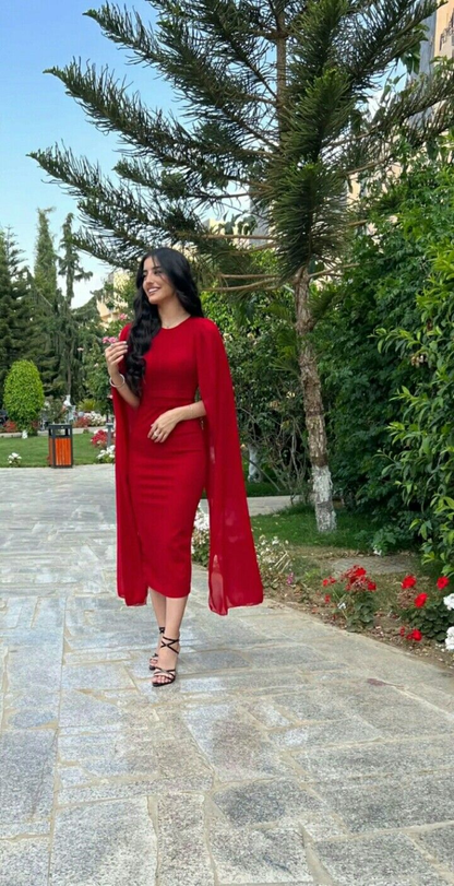 New Fashion Casual Round Neck Cape Sleeves  Elegant Zipper High Waisted Pencil Prom Dress cc512