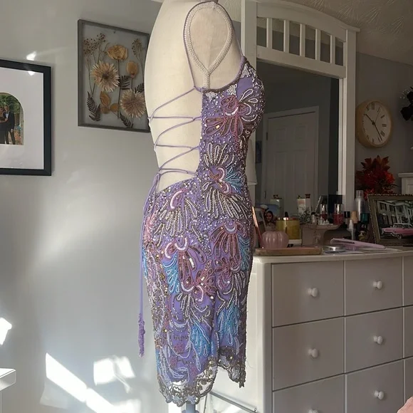 Gorgeous Spaghetti Straps Beaded Lilac Cocktail Dress Formal 8th Grade Homecoming Dress cc3471