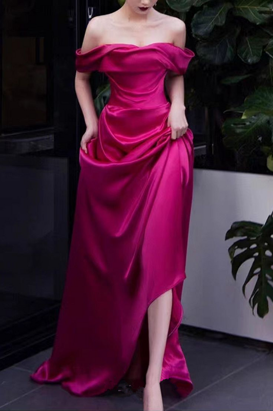 Rosy Pink Off The Shoulder Simple Prom Dress Fashion Pleated Evening Dress cc1563