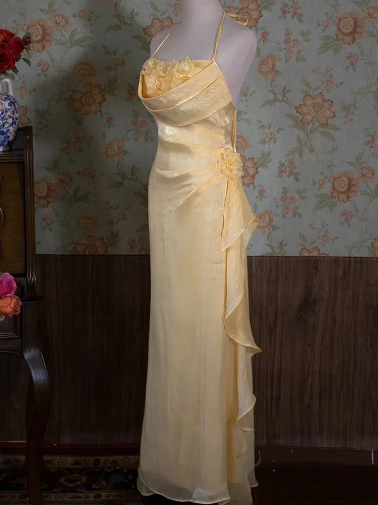 Vintage Halter Neck Floral Prom Dress Fairy Yellow Evening Dress Party Princess Dress cc1491