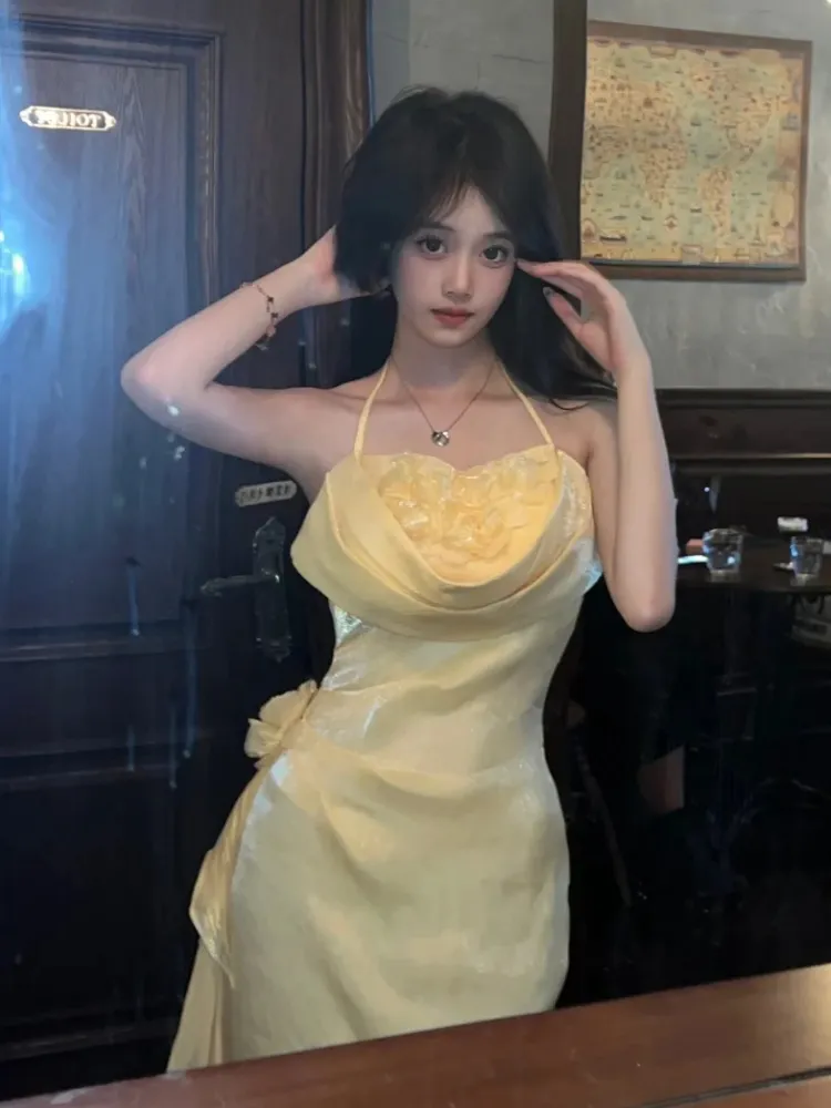 Vintage Halter Neck Floral Prom Dress Fairy Yellow Evening Dress Party Princess Dress cc1491