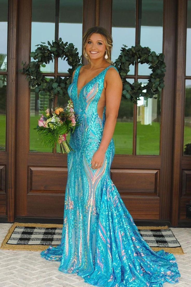 Luxurious Mermaid V Neck Fuchsia Sequins Prom Dress Formal Party Dress Evening Gown cc1533