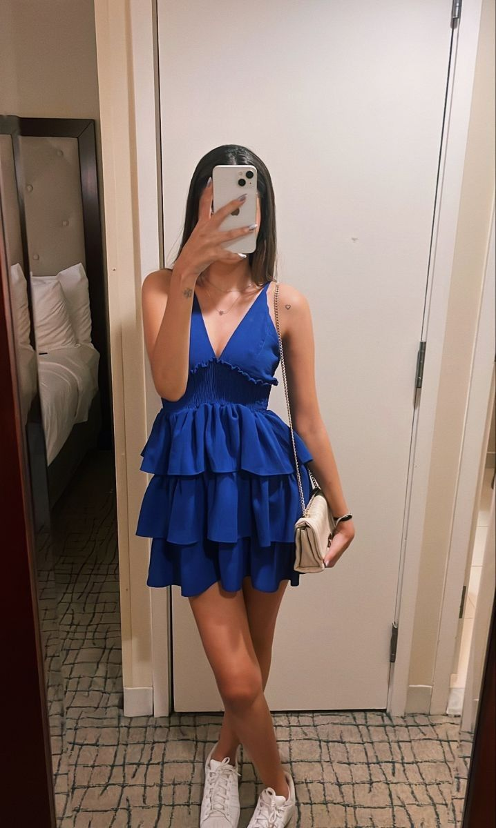 Blue V Neck Layered Satin A Line Homecoming Dress Mini Party Dress  cc1571