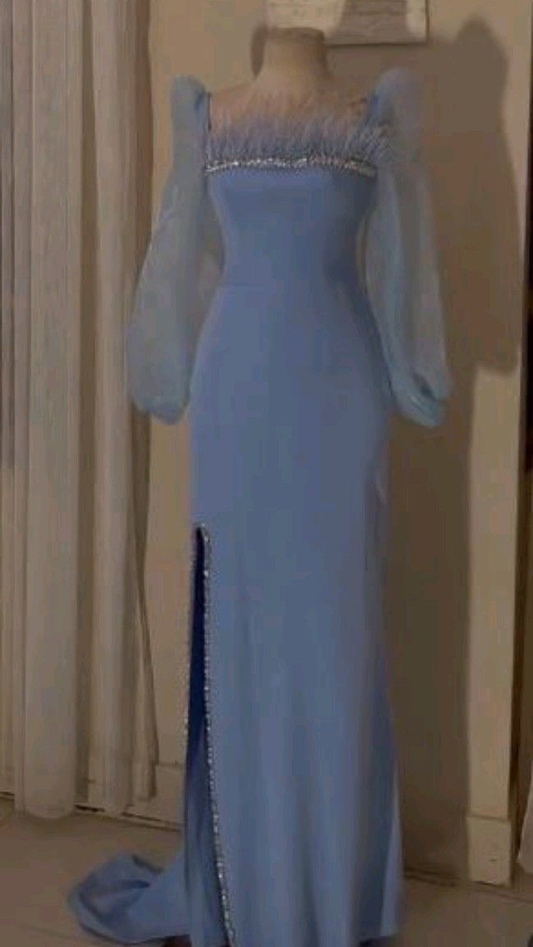 Elegant Blue Square Neck Sequins Feathers Party Evening Dress Long Slit Prom Dress cc1575