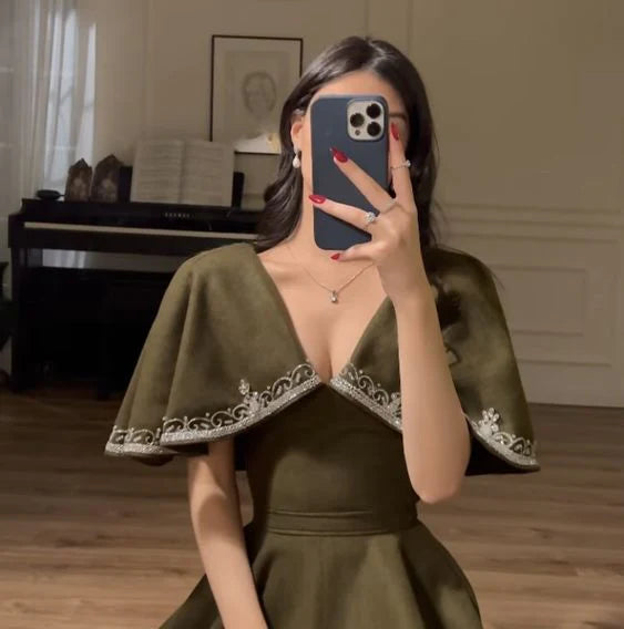 Retro Style V Neck Long Prom Dress,Winter Dance Dress cc578