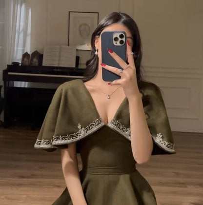 Retro Style V Neck Long Prom Dress,Winter Dance Dress cc578