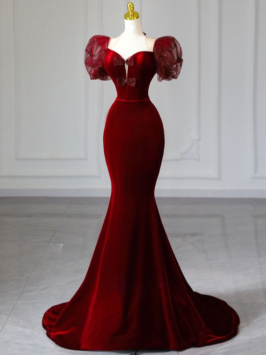 Elegant Burgundy Velvet Mermaid Evening Dress Long Party Prom Dress cc1704