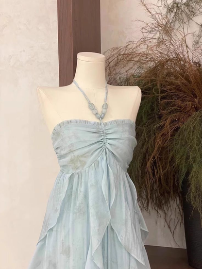 Cute Halter Ruffled Floral Prom Dress Blue Chiffon Long Vacation Dress cc1536