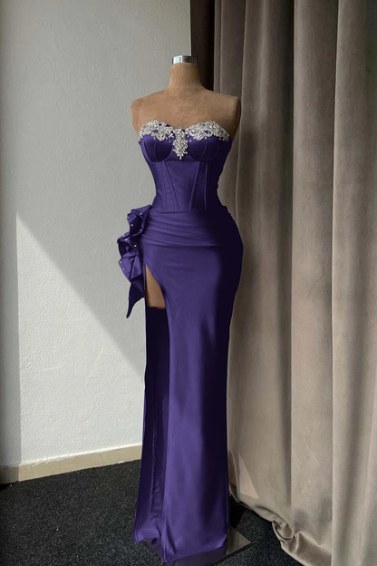 Luxurious Pink Strapless Beaded Slit Evening Dress Sheath Prom Dress cc1655