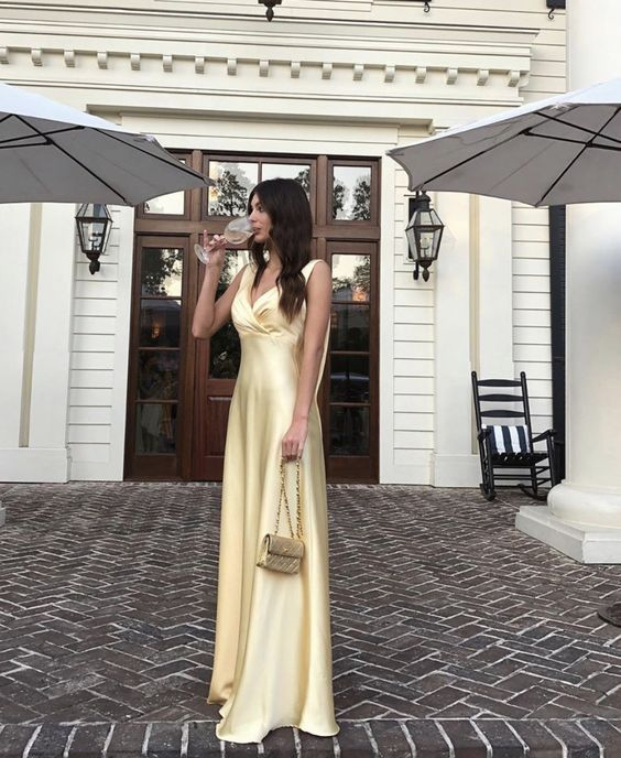 Classy A Line Yellow Satin Long Prom Dress Party Dress cc2199