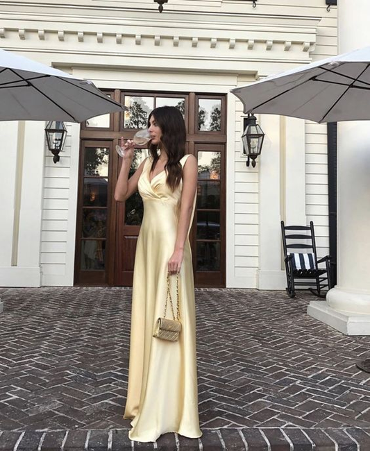 Classy A Line Yellow Satin Long Prom Dress Party Dress cc2199