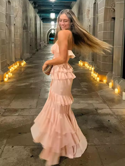 Elegant Pink Strapless Chiffon Slit Evening Dress Ruffles Party Prom Dress cc2414