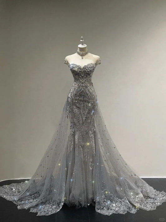 Luxurious And Sparkling Silver Mermaid Off-shoulder Beaded Train Wedding Dress cc5283
