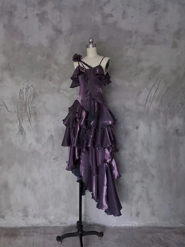 Purple Irregular Ruffle Spaghetti Straps Prom Dress Long Layered Birthday Dress Party Dress cc1460