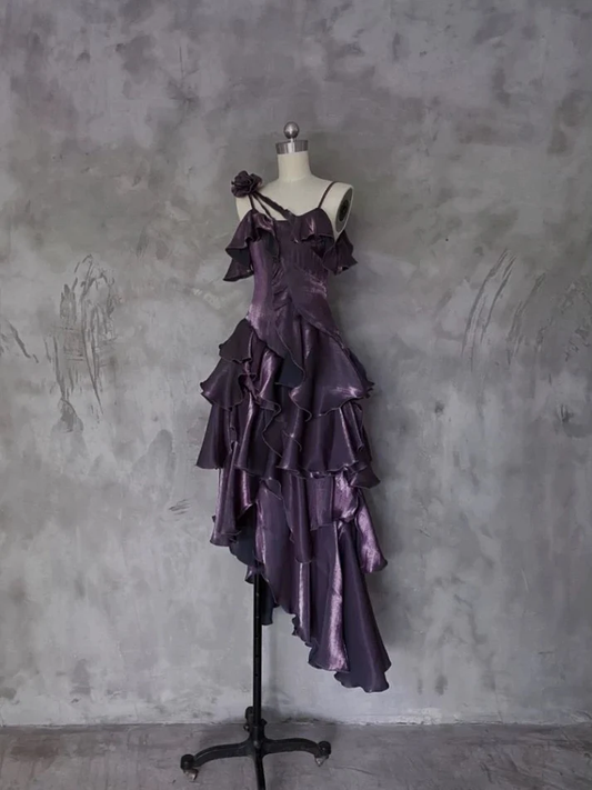 Purple Irregular Ruffle Spaghetti Straps Prom Dress Long Layered Birthday Dress Party Dress cc1460