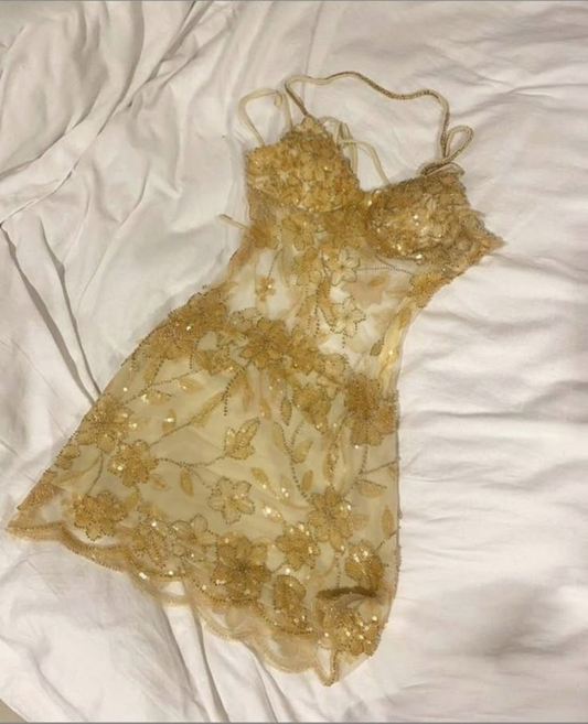 Sexy Spaghetti Straps Gold Sequin Homecoming Dress Short Cocktail Dress cc3361