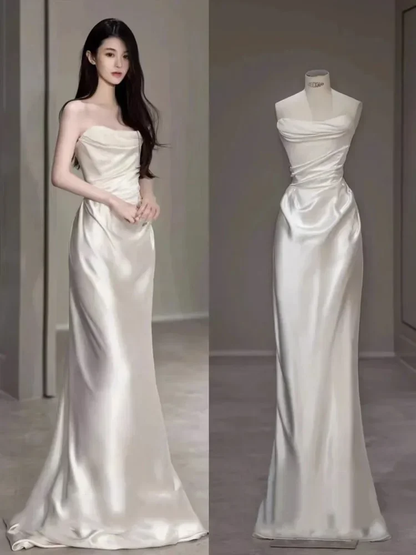Beautiful Wedding Dress New Simple Two Wear Slim Satin White Prom Dress cc1656