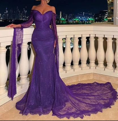 Classy Purple Lace Mermaid Evening Dress Long Party Prom Dress cc1746