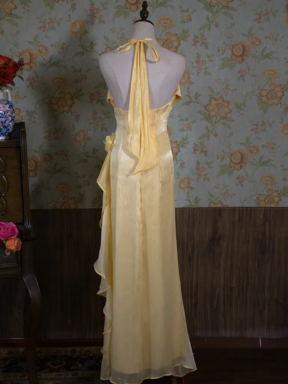 Vintage Halter Neck Floral Prom Dress Fairy Yellow Evening Dress Party Princess Dress cc1491