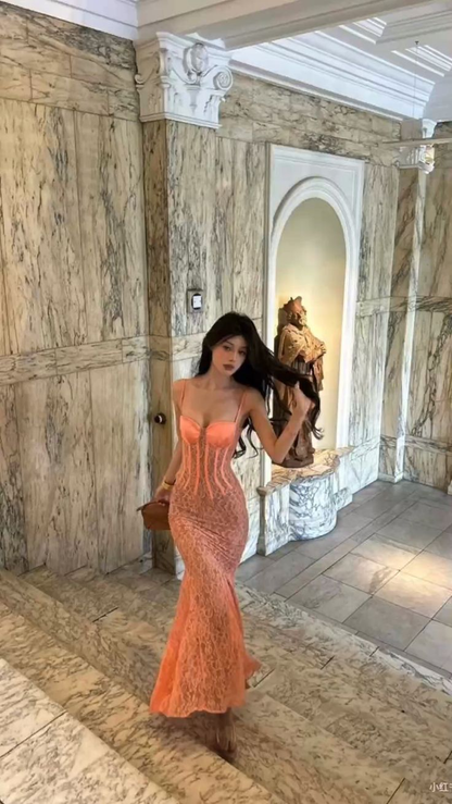 Pretty Spaghetti Straps Lace Mermaid Evening Dress Long Party Prom Dress cc1747