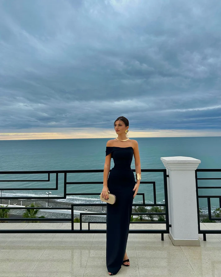 Elegant One Shoulder Sheath Prom Dress Black Satin Long Party Evening Gown  cc1482