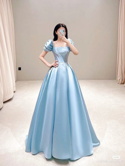 Blue Square Neckline A-line Prom Dress,Blue Princess Dress cc958