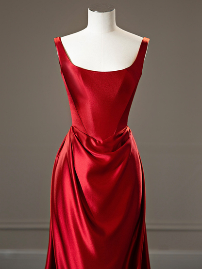 Elegant Red Satin Straps Pleats Prom Dress Long A Line Party Evening Dress cc1515