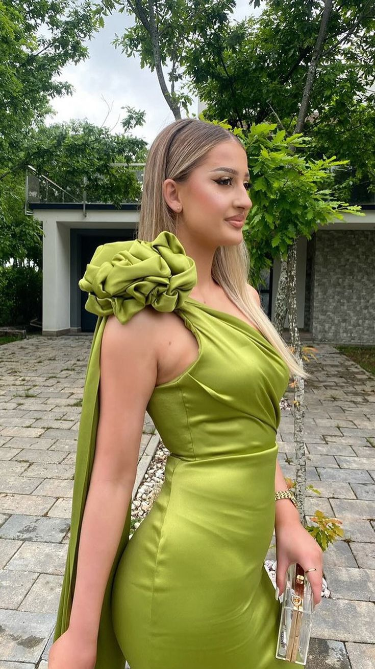 Chic Olive Green Satin Flowers Party Dress Sheath Long Prom Evening Gown cc2418