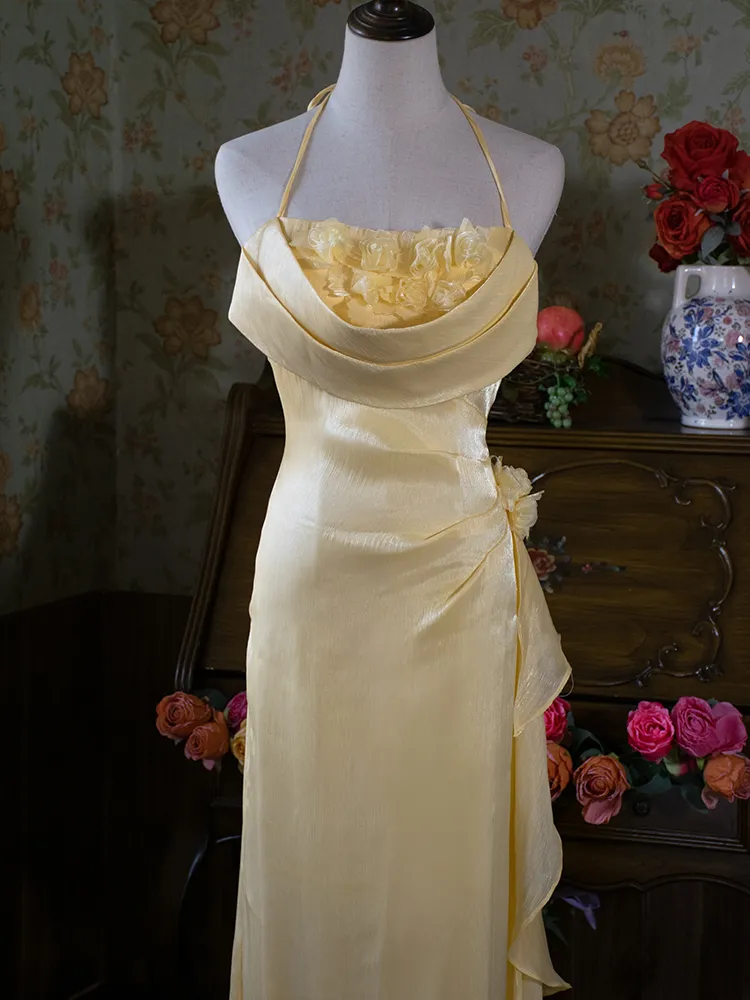 Vintage Halter Neck Floral Prom Dress Fairy Yellow Evening Dress Party Princess Dress cc1491