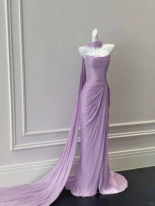 Elegant Purple Fitted Strapless Pleated Satin Long Prom Dress Evening Dress cc5284