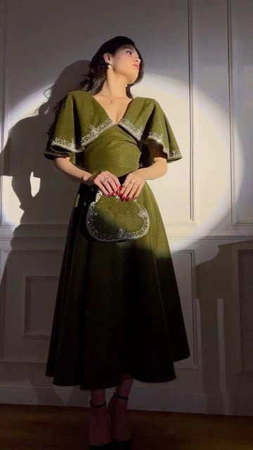Retro Style V Neck Long Prom Dress,Winter Dance Dress cc578