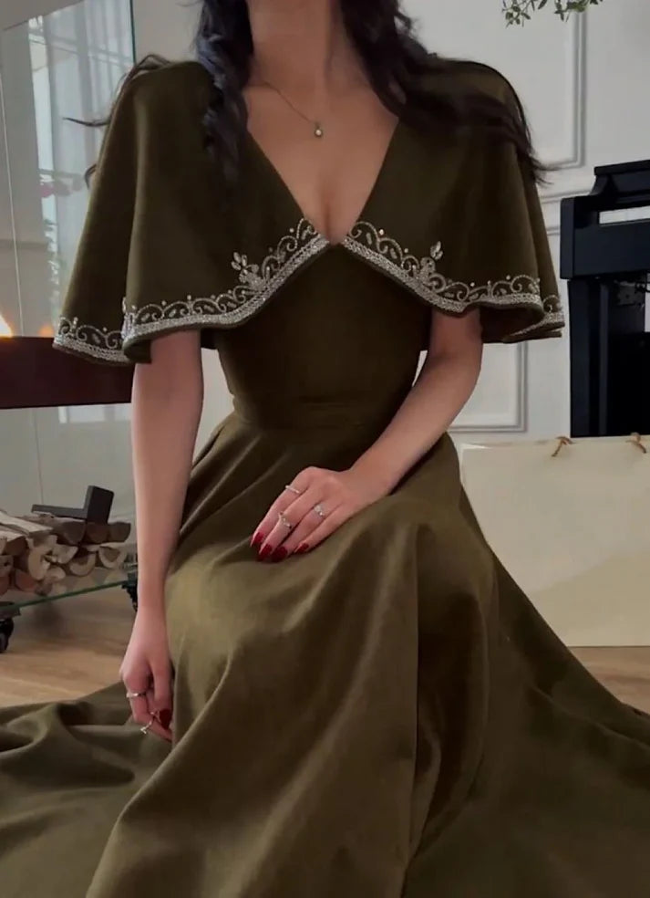 Retro Style V Neck Long Prom Dress,Winter Dance Dress cc578
