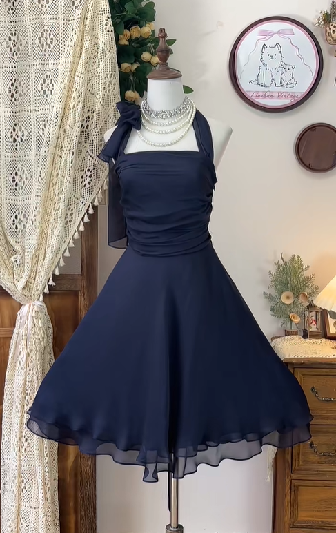 Stylish Navy Blue Chiffon A Line Homecoming Dress Halter Cocktail Dress cc3090
