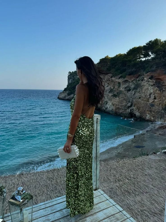 Gorgeous Green Sequins Backless Sheath Evening Dress V Neck Long Party Prom Dress cc2110