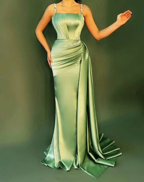 Unique Green Satin Beaded Mermaid Evening Dress,Long Prom Party Dress cc2962